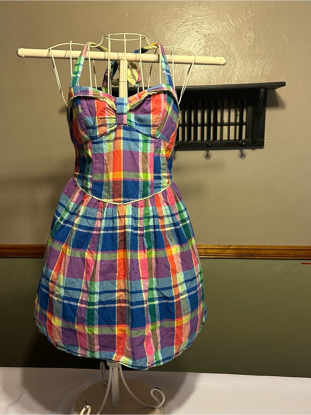 Hollister Blue, Green, Pink & Orange Plaid Halter Dress